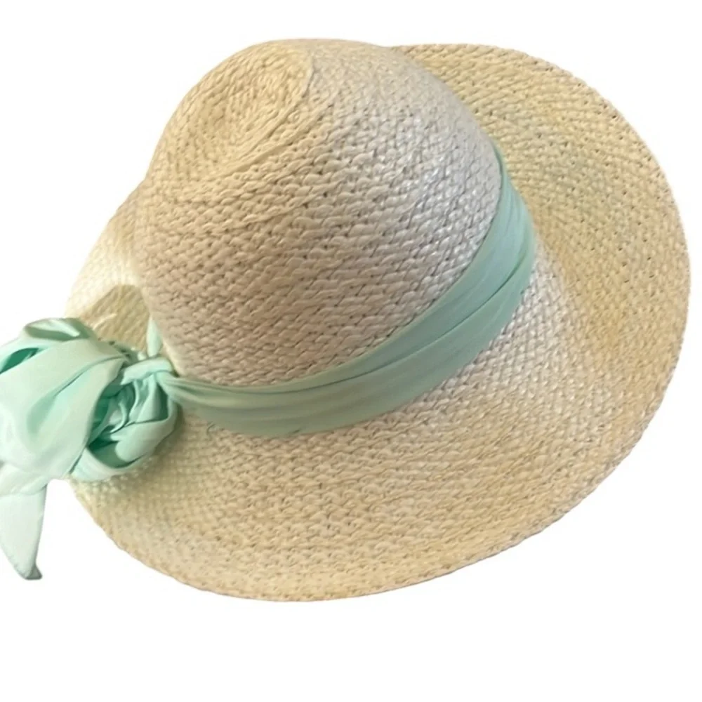 White straw hat spring , summer with mint green scarf attached